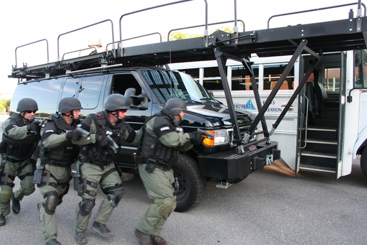 The Patriot3 RAID tactical vehicle can seat 10 fully equipped operators and features the Liberator ETS ramp and ladder system.