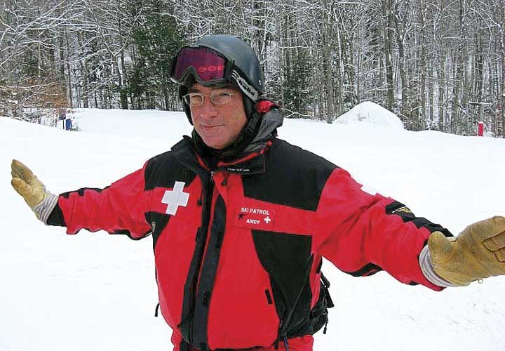 Working on the Loon Mountain (N.H.) Ski Patrol requires wearing an easy to spot uniform and spending plenty of time on the ski slopes.