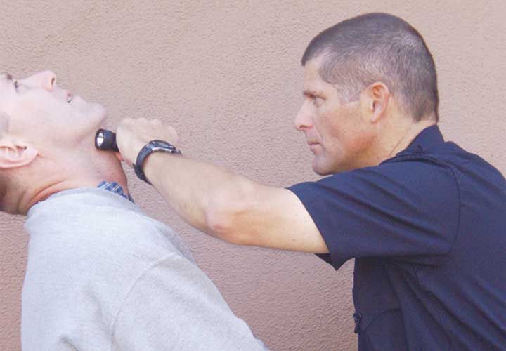 A flashlight jabbed into the suspect’s neck or face area can keep him from taking your gun.