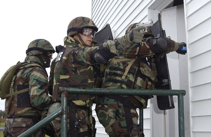 A tactical team practices entry techniques at the Northeast Counterdrug Training Center.