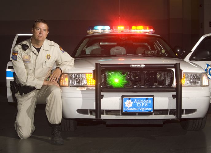 The StarChase launcher is mounted to the grill of Arizona DPS Highway Patrol Officer Korey Lankow's patrol car. Image courtesy of StarChase.