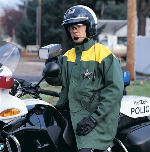 A lightweight rain jacket from Watershed is ideal for motorcycle officers.