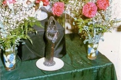 Photo of 1997 infant murder scene in Santa Ana, Calif. The crime scene was a converted garage in which the 'high priest' conducted occult rituals to a mixture of Afro-Caribbean and Mexican 'saints' and deities. The picture depicts one of the main altars with the Mexican drug cartel saint 'Santa Muerte' (Holy Angel of Death).