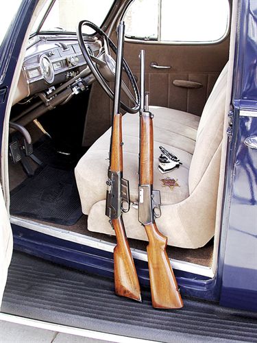 An appropriate setting for three classics: Remington’s Model 8, Winchester’s 1907, and a 1940 Packard.