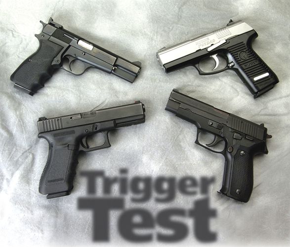 Our test guns represented the four types of trigger mechanisms used on police pistols today. (Clockwise from top left) Single Action—Browning HiPower; Double Action Only—Ruger KP95DAO; Double Action/Single Action—SiG P226; Safe Action—Glock 17.