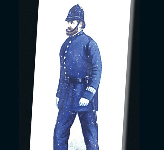 The London Metropolitan Police force was the model for the American city forces. This illustration shows a 19th-century “bobby” in a wool frock coat. Similar uniforms were worn by New York cops of the period.