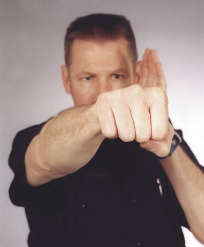 A straight punch, as demonstrated by the author, focuses a great amount of force in a small area, and is a very effective technique for stunning and gaining control over a subject.