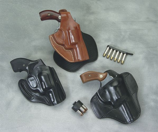 Because of its compact size, with the right holster the Chief’s Special class of revolvers are perfect choices for concealed carry. (Clockwise from top) Gould & Goodrich 807 padded holster; Don Hume H721; Galco Cover Six cross draw.