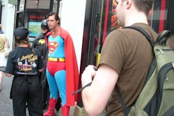 Christopher 'Superman' Dennis works for tips outside Grauman's Chinese Theater on Hollywood Boulevard and appeared in the documentary 'Confessions of a Superhero.' Photo via Alan Light (Flickr).