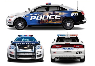 The Detroit PD will receive 100 donated patrol sedans, including Ford Police Interceptors (top), Chevrolet Caprice PPVs (left), and Dodge Charger Pursuits. Renderings courtesy of city of Detroit.