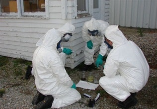Indiana MSS troopers test chemicals found at a crime scene. Photo courtesy of ISP.