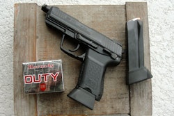 The HK45CT is a compact, polymer-framed combat pistol with a Picatinny rail for accessories and a threaded barrel for suppressors.