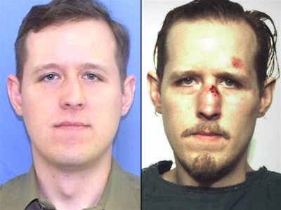 Eric Frein, left, in a photo distributed by authorities during his manhunt and, right, in booking mug after his capture.