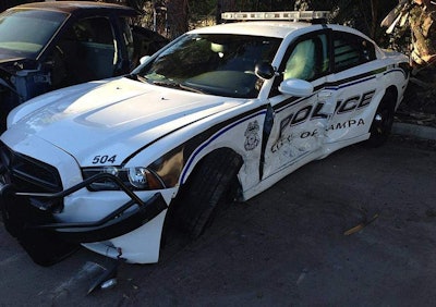 Officer Natasha Stanek's Dodge Charger patrol car was hit broadside by a wrong-way driver. (Photo: Tampa PD)