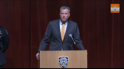 Mayor Bill de Blasio speaking at a recent NYPD swearing-in ceremony. (Photo: YouTube)