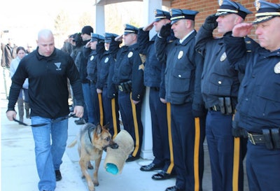 Dozens of police officers, K-9 officers with their dogs and medical staff lined up outside the Swedesboro Animal Hospital St. Francis Veterinary Clinic to say goodbye to Judge last Friday. (Photo: Twitter)