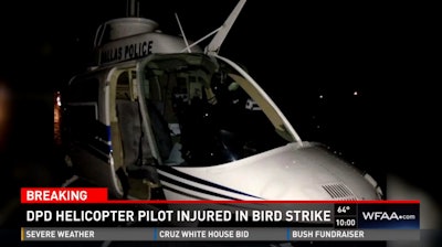 A Dallas Police Department helicopter was forced to land after a bird strike. (Photo: Screen shot from WFAA TV)