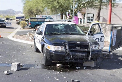 Rapiejko's patrol car after the incident. Rapiejko was not injured. The suspect was hospitalized for two days then booked into jail on multiple felonies. (Photo: Marana PD)