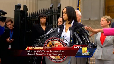 Baltimore City State's Attorney Marilyn Mosby announces her office is filing charges against six Baltimore police officers in the Freddie Gray in-custody death. (Photo: WBAL TV Screen Shot)