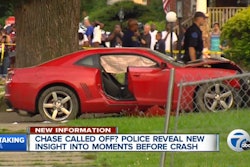 The driver of this Camaro was being pursued by Detroit officers last week when he plowed into a group of children and killed two. (Photo: Screen shot from WXYZ TV)