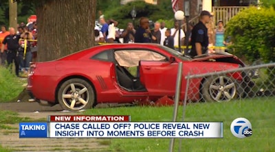 The driver of this Camaro was being pursued by Detroit officers last week when he plowed into a group of children and killed two. (Photo: Screen shot from WXYZ TV)