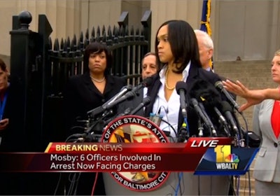 Baltimore City State's Attorney Marilyn Mosby when she announced six Baltimore police officers were being charged in the Freddie Gray in-custody death. (Photo: WBAL TV Screen Shot)