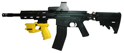 The new Phazzer Raptor less-lethal launcher is shown with the Phazzer Enforcer CEW attached. (Photo: Phazzer)