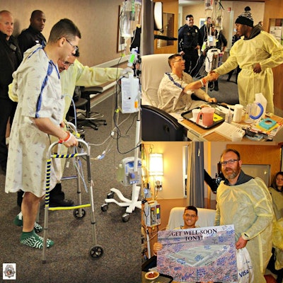 Wounded Denver officer Tony Lopez Jr. takes his first steps after being shot in the legs during a traffic stop. (Photo: Facebook)