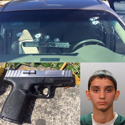 (Clockwise) Windshield of the officer's car, suspect Kevin Rojas, and pistol reportedly used in attack. (Photos: Jacksonville SO)