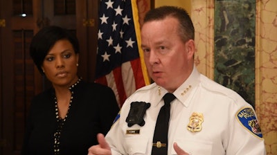 Mayor Stephanie Rawlings-Blake and Police Commissioner Kevin Davis announce plans to have every Baltimore City police officer wear a TASER International body-worn camera while on duty. (Screen capture: Baltimore Sun Video)