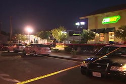 The scene outside the Subway where an officer shot a suspect holding two female employees at knifepoint. (Photo: KTLA screen shot)