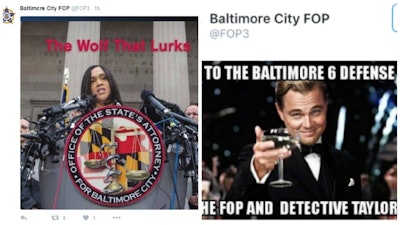 Tweets from the Baltimore City Fraternal Order of Police Twitter account Saturday and Sunday that were later deleted. (Photo: Twitter/@FOP3)