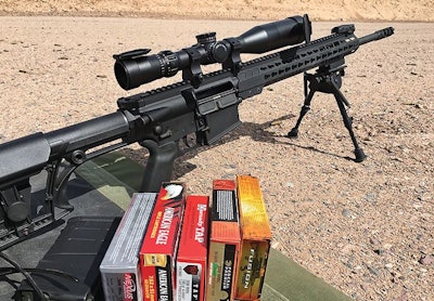 Armalite AR-10 20-inch Tactical Rifle with March Optics' scope and boxes of American Eagle, Federal, Hornady, and Nexus ammo used in the POLICE evaluation. (Photo: A.J. George)