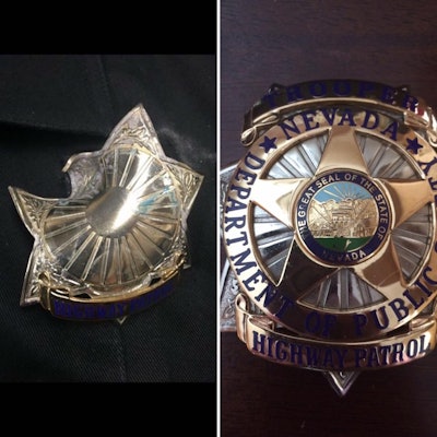 A Nevada trooper's badge was struck by a bullet during a gunfight Friday. (Photo: Nevada Highway Patrol/Facebook)
