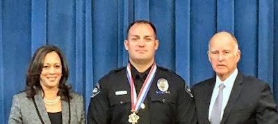 Redlands Police Officer Joseph Aguilar was recognized and honored Monday, September 12, 2016 in Sacramento, CA. by California Governor Jerry Brown and California Attorney General Kamala Harris as a recipient of the 2015 Governor's Public Safety Officer Medal of Valor. (Photo: Facebook)