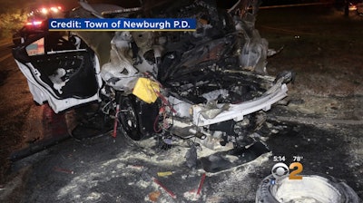 Newburgh, NY, police Taras Karabelas walked away without major injuries after this patrol car explosion. (Photo: Newburgh PD/CBS Local)