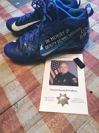 On Thanksgiving, Indianapolis Colts player Matt Overton wore a special pair of cleats in honor of fallen California deputy Dennis Wallace. (Photo: Matt Overton/Facebook)