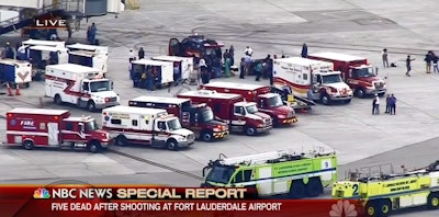 Emergency vehicles on the tarmac at Fort Lauderdale-Hollywood International Airport where five people were killed Friday by an active shooter. (Photo: Screen shot from live NBC Video)