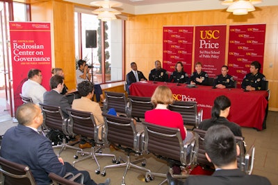 Sitting with USC Public Safety Chief John Thomas are Chief Jackie Gomez-Whiteley, Alhambra PD; Chief Sharon Papa, Hermosa Beach PD; Chief Eve Irvine, Manhattan Beach PD; Chief Lisa Rosales, Glendora PD (Photo: Tom Queally, USC)