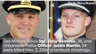 Urbandale (Iowa) Police Officer Justin Martin, 24, and Des Moines Police Sgt. Anthony 'Tony' Beminio, 38, were ambushed and killed last November. (Photo: Screen shot from Des Moines Register video)