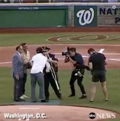 U.S. Capitol Police officer David Bailey who was injured during the attack on a congressional baseball practice. Thursday night he threw out the first pitch at the annual Congressional Baseball Game at Nationals Park. (Photo: ABC News Screen Shot/Twitter)