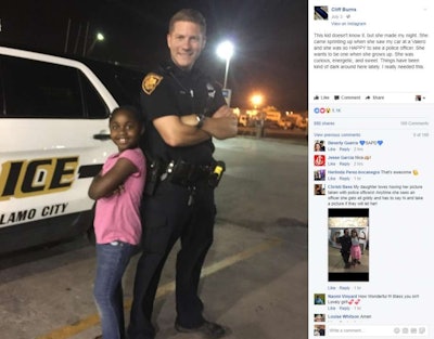 San Antonio Officer Cliff Burns was approached by a young girl on patrol. She just wanted to tell him she wanted to be an officer when she grows up. (Photo: Officer Cliff Burns/Facebook)