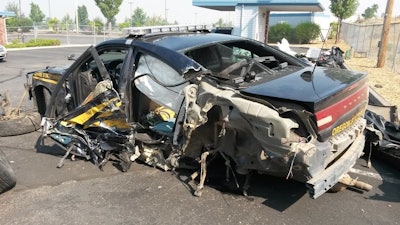 Oregon State Police say a trooper walked away from a crash that destroyed his patrol car. (Photo: OSP)