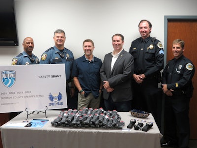 The Dickson County (TN) Sheriff’s Office received a grant for 70 tourniquets and duty belt holders from Spirit of Blue. Receiving the grant (left to right) were Chief Deputy Jerone Holt and Sheriff Jeffrey Bledsoe. Presenting the grant (center) was country music star Craig Morgan and Spirit of Blue Executive Director Ryan T. Smith. Representing the grant sponsor, Law Enforcement United, (right to left) were Metropolitan Nashville Police Department Officer Joshua Black and Sergeant Anthony Brooks. (Photo: Spirit of Blue)