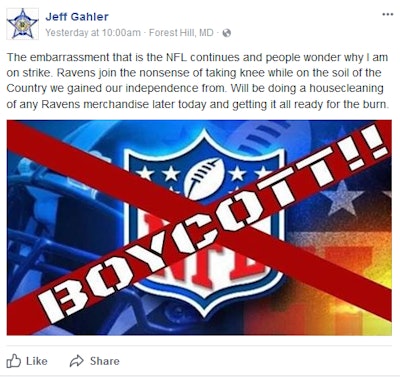 Harford County (MD) Sheriff Jeff Gahler posted this message on Facebook, saying he planned to burn Baltimore Ravens merchandise after the team staged an anti-police protest during the playing of the National Anthem before a game in London. The team stood for 'God Save the Queen.' (Photo: Facebook)