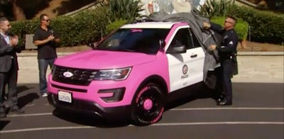 The LAPD unveiled a pink Ford patrol SUV for breast cancer awareness Wednesday. (Photo: NBC4 Screen Shot)