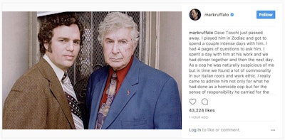 Mark Ruffalo posted a photo of him with Dave Toschi, whom he portrayed in Zodiac. (Mark Ruffalo/Twitter)