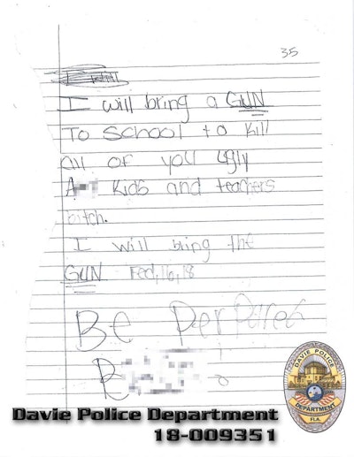Davie, FL, Police detectives have arrested a 6th grade student for writing a letter threatening to kill students and teachers at her middle school. (Photo: Davie PD)