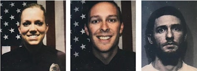 Officer Taylor Beach (left), of the Coeur d’Alene Police Department and Officer Charles Hatley (center), confronted Curtis Ware (right). Ware shot Hatley, hitting him once in the abdomen. Ware was killed when police returned fire. (Coeur d’Alene Police Department)