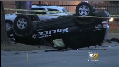 Harvey, IL, police say a suspect crashed this patrol vehicle after being shot by an officer. The officer was hit by the vehicle and injured. He is expected to recover.